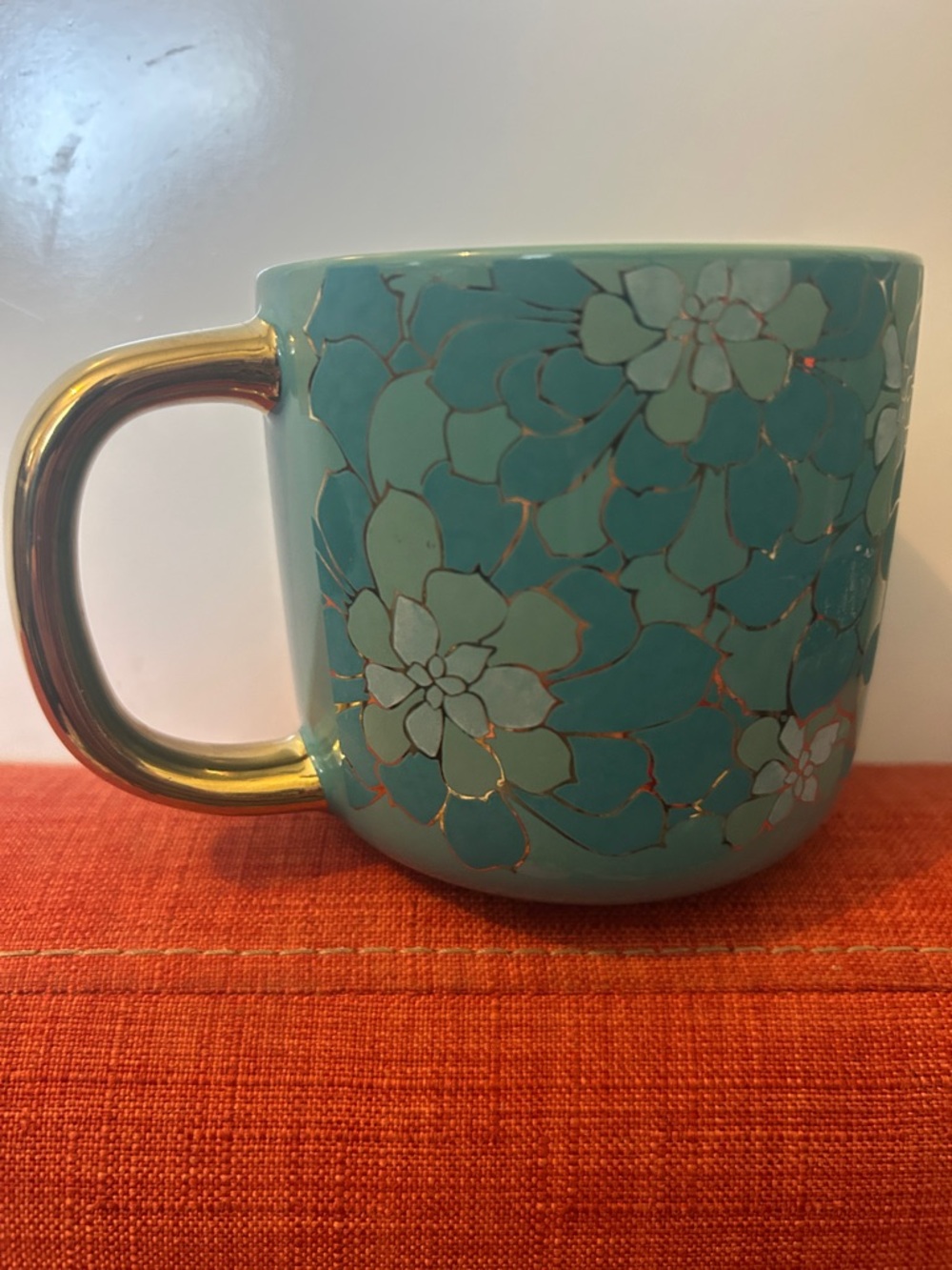 Turquoise Floral Ceramic Mug Set with Gold Handles - Set of 2 - Picture 2 of 5